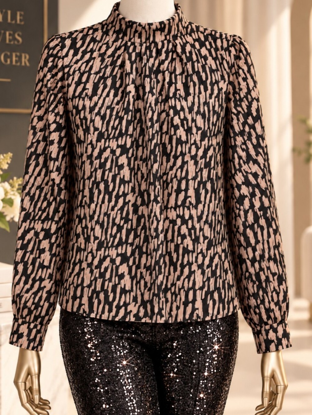 SHEIN Abstract Print Black And Tan Long Sleeve Mock Neck Blouse Size L